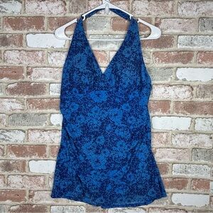 L.L Bean Women Size 14 Bathing Suit Blue Swim Dress Flowy Tank Swimwear Halter